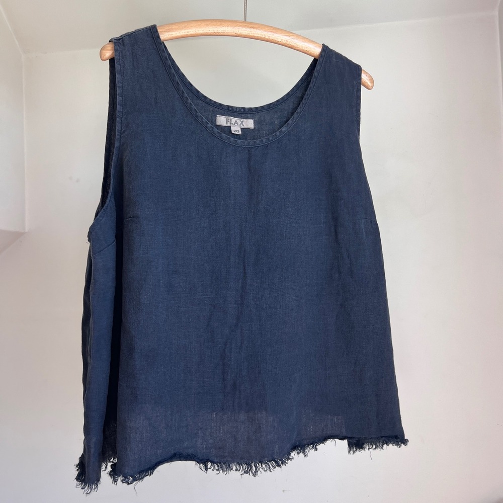 Flax Jeanne Engelhart 2G Black Linen Tank Top Frayed Hem Lagenlook Minimalist